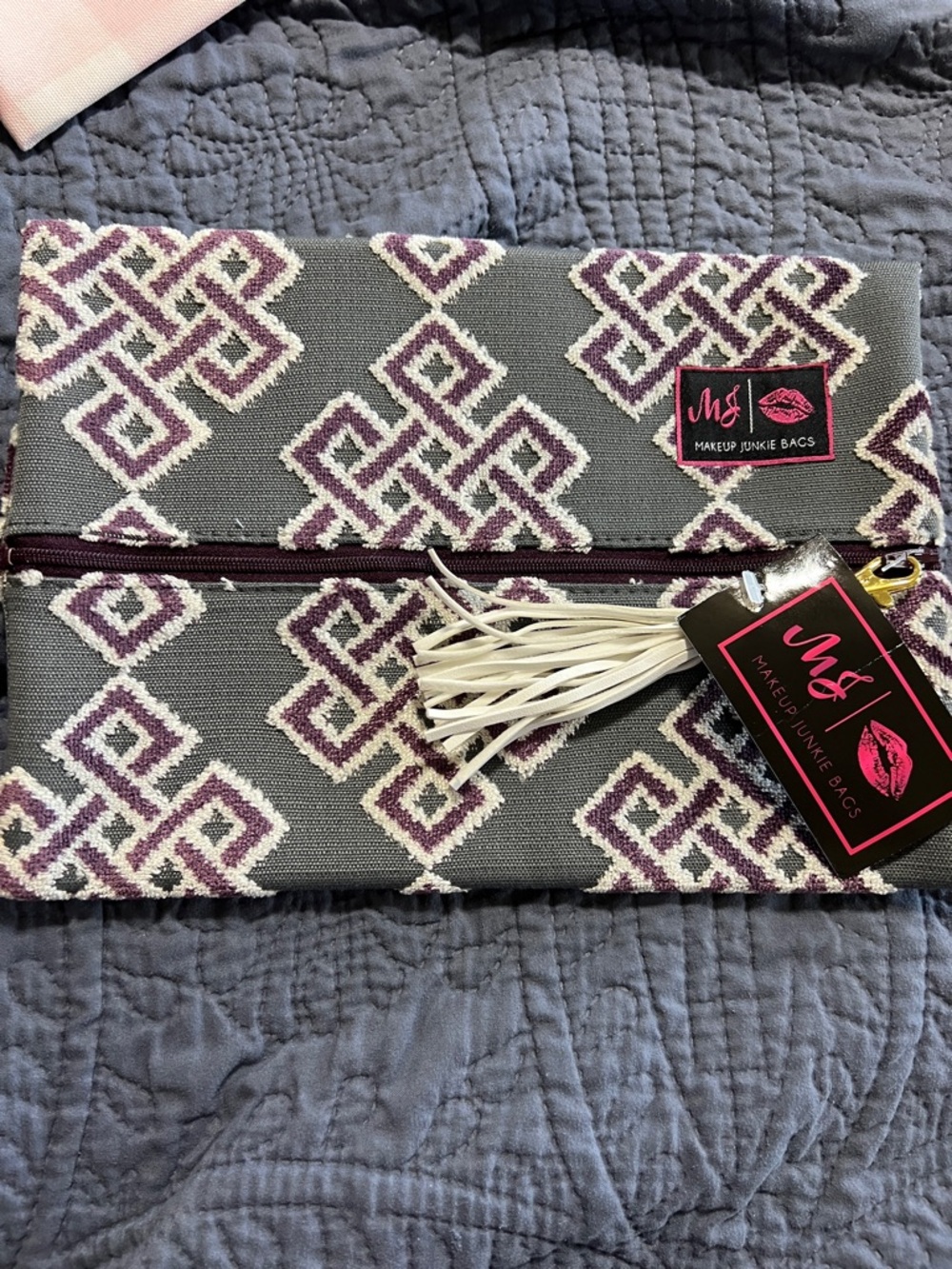Makeup Junkie Bags Gray & Deep Berry  Geometric